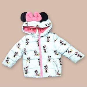 [KID] Disney Baby Minnie Mouse Puffer Jacket 12–18M | Grey & Pink Winter Coat